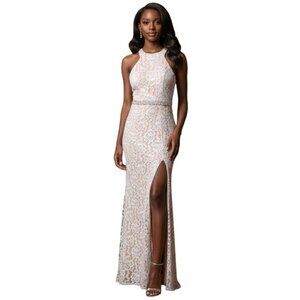 Elegant White Halter Floral Lace Gown Slit Embellished Waist Size 0 Slit Formal